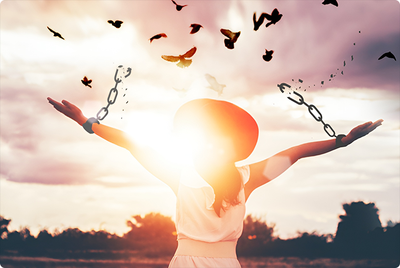 Religious, Woman Breaking free of debt, breaking chains, white doves