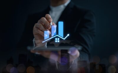 dark, businessman with pen in hand, bar chart, arrow goes up, home sign