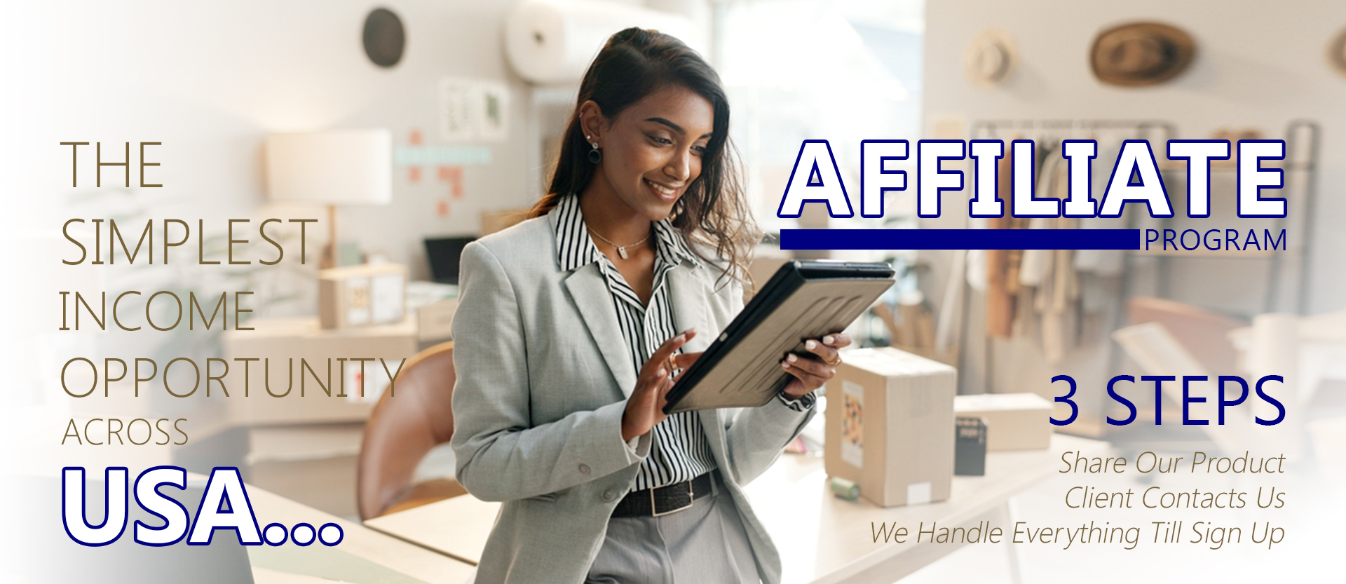 UFF Affiliate Marketing Program, business woman holding tablet in hands, happy