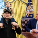 Elon Musk's son X Æ A-Xii meets President Donald Trump, Yellow curtains, Oval Office, boy on man shoulder, the White House, American Flag