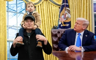 Elon Musk's son X Æ A-Xii meets President Donald Trump, Yellow curtains, Oval Office, boy on man shoulder, the White House, American Flag