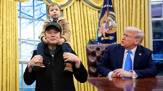 Elon Musk's son X Æ A-Xii meets President Donald Trump, Yellow curtains, Oval Office, boy on man shoulder, the White House, American Flag