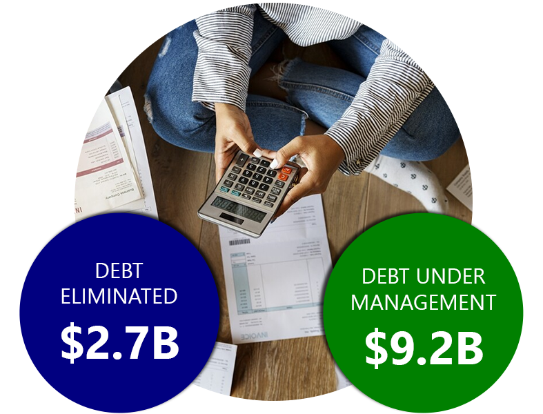 A man in jeans sitting on ground, holding calculator in hands, papers on the ground, debt elimination and under management